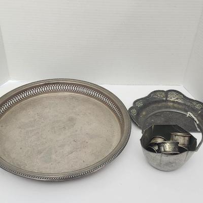 Vintage Silver Tone Serving Tray With Pierced Gallery Plus Small Metal Bucket And Scalloped Dish Lot
