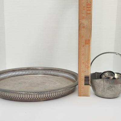 Vintage Silver Tone Serving Tray With Pierced Gallery Plus Small Metal Bucket And Scalloped Dish Lot