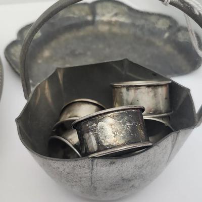 Vintage Silver Tone Serving Tray With Pierced Gallery Plus Small Metal Bucket And Scalloped Dish Lot