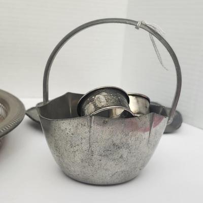 Vintage Silver Tone Serving Tray With Pierced Gallery Plus Small Metal Bucket And Scalloped Dish Lot