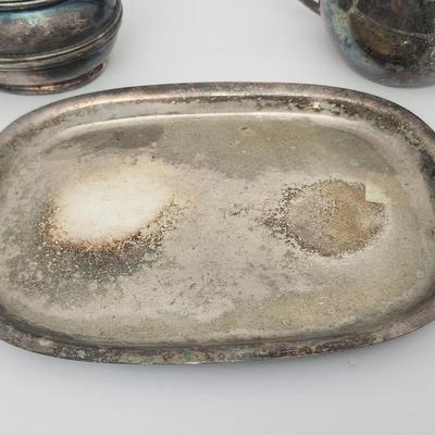 Vintage Silver Tone Creamer Sugar Bowl And Oval Serving Tray Three Piece Tabletop Set