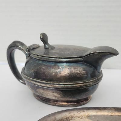 Vintage Silver Tone Creamer Sugar Bowl And Oval Serving Tray Three Piece Tabletop Set