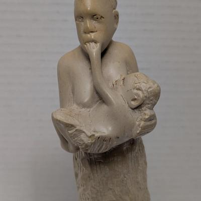 Vintage Hand Carved Figurine Of Woman Carrying Child Rustic Folk Art Sculpture