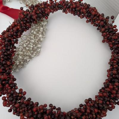 Set Of 3 Beaded Holiday Wreaths With Red Ribbon Bows Green Clear Red
