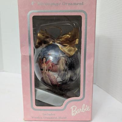 1997 Holiday Barbie 4" Decoupage Ornament With Stand In Original Box