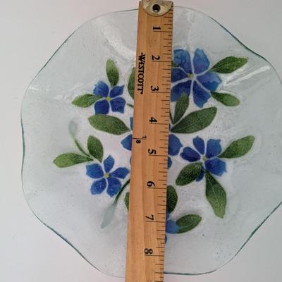 Sydensyryker Fused Glass Bowl Blue Flowers and Green Leaves Art Glass Dish