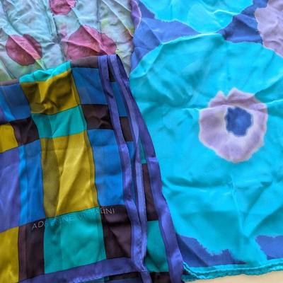 Lot of Three Vintage Blue Silk Scarves Including Adrienne Vittadini Colorful Prints