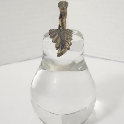 Clear Glass Pear Figurine With Metal Stem Vintage Style Fruit Paperweight Home Decor Accent