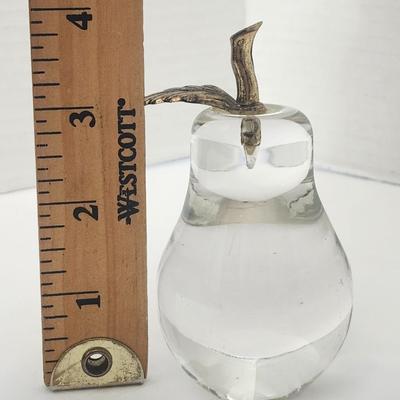 Clear Glass Pear Figurine With Metal Stem Vintage Style Fruit Paperweight Home Decor Accent