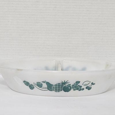 Vintage Glasbake J-2352 Divided Serving Dish Milk Glass "Fruit Medley" Teal Made in USA