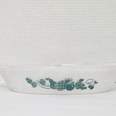 Vintage Glasbake J-2352 Divided Serving Dish Milk Glass "Fruit Medley" Teal Made in USA