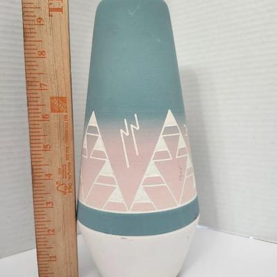 Hand Painted Ceramic Vase Southwestern Geometric Trees Pastel Blue Pink White Felt Base