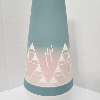 Hand Painted Ceramic Vase Southwestern Geometric Trees Pastel Blue Pink White Felt Base