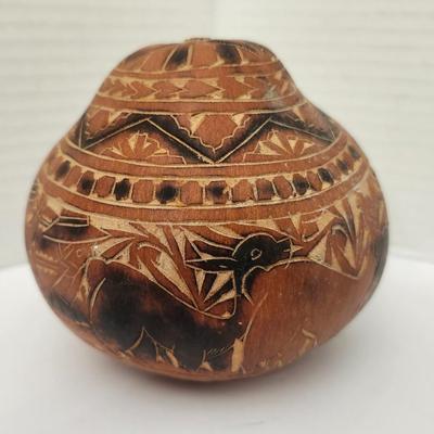 Carved Decorative Gourd With Geometric and Animal Motif Design Southwestern Style Unmarked