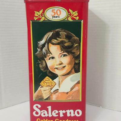 Salerno Golden Goodness Biscuit Tin Tall Red Metal Canister 50 Years Anniversary Child Artwork