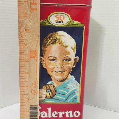 Salerno Golden Goodness Biscuit Tin Tall Red Metal Canister 50 Years Anniversary Child Artwork