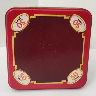 Salerno Golden Goodness Biscuit Tin Tall Red Metal Canister 50 Years Anniversary Child Artwork