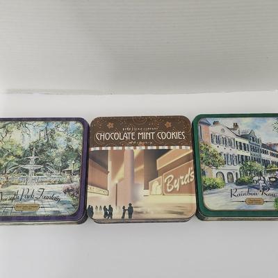 Lot of 3 Byrd Cookie Company Collectible Vintage Tins Chocolate Mint Cookies Forsyth Park Fountain Rainbow Row
