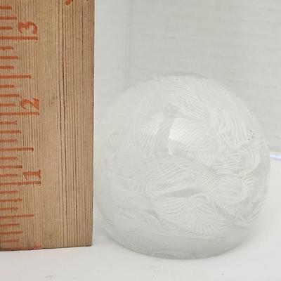 Frosted Clear Glass Paperweight With Swirled Etched Pattern Vintage Decorative Desk Weight