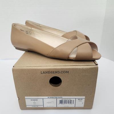 Lands’ End Womens Open Toe Flats Classic Tan Leather Size 6 Medium With Box