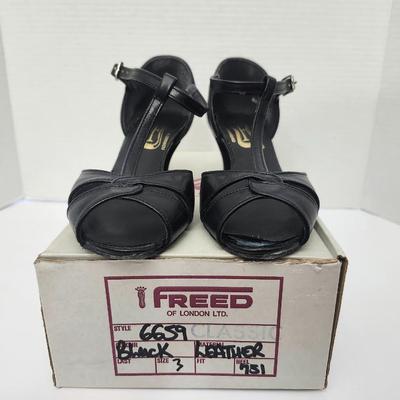 Freed of London Style 6659 Classic Black Leather T Strap Dance Heels Womens Size 3 With Box