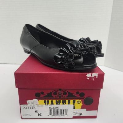Vaneli Aislin Black Leather Peep Toe Heels Womens Size 6 M Slip On Shoes With Box
