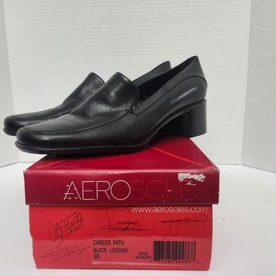 Aerosoles Career Path Black Leather Slip On Heeled Loafers Women Size 8B Classic Work Shoes