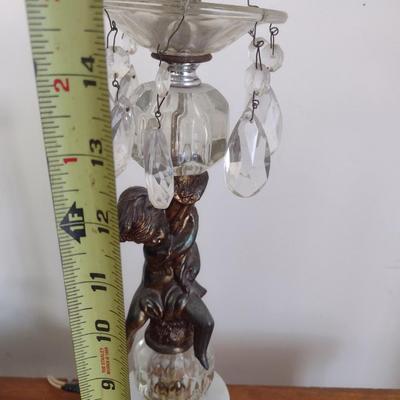 Vintage Pot Metal Cherub Post Table Lamp with Teardrop Crystal Accents