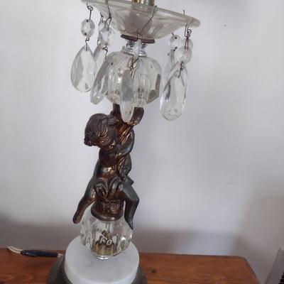 Vintage Pot Metal Cherub Post Table Lamp with Teardrop Crystal Accents