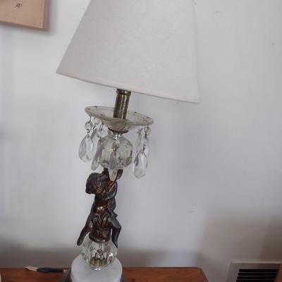 Vintage Pot Metal Cherub Post Table Lamp with Teardrop Crystal Accents