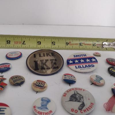 Collection of Vintage Political Pins Includes McCarthur, Eisenhower, Nixon, Wallce, Others