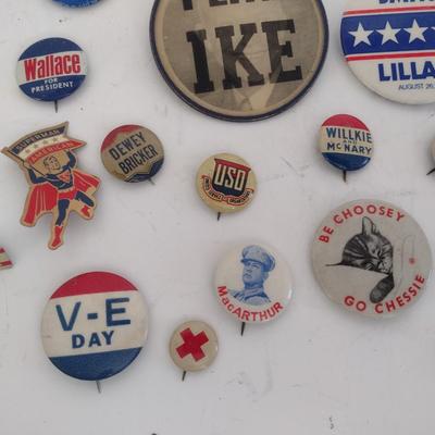 Collection of Vintage Political Pins Includes McCarthur, Eisenhower, Nixon, Wallce, Others