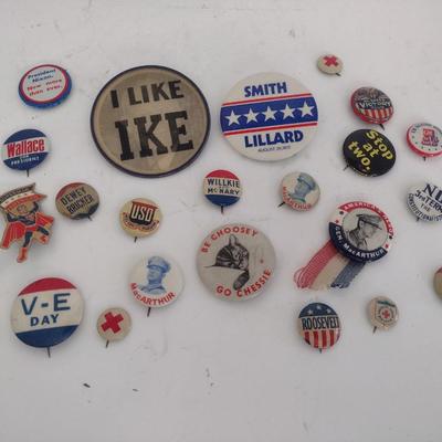 Collection of Vintage Political Pins Includes McCarthur, Eisenhower, Nixon, Wallce, Others