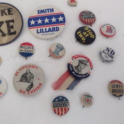Collection of Vintage Political Pins Includes McCarthur, Eisenhower, Nixon, Wallce, Others