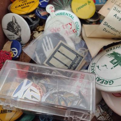 Nice Collection of Statement and Whimsical Pins and Badges with Wood Storage Box