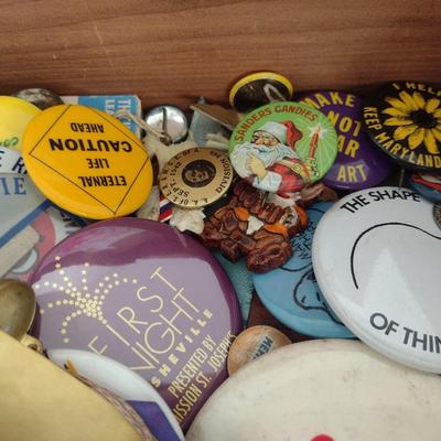 Nice Collection of Statement and Whimsical Pins and Badges with Wood Storage Box