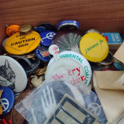 Nice Collection of Statement and Whimsical Pins and Badges with Wood Storage Box