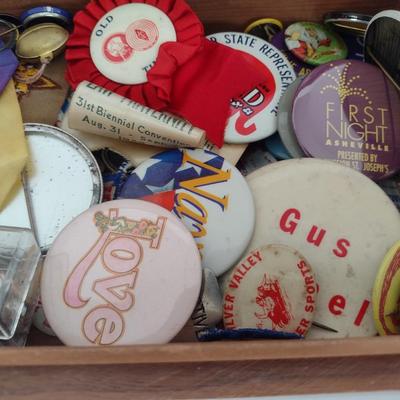 Nice Collection of Statement and Whimsical Pins and Badges with Wood Storage Box