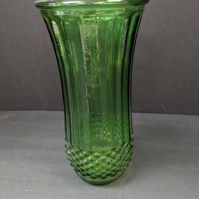 Vintage Green Hoosier Glass Vase Diamond Cut