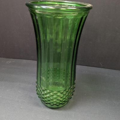 Vintage Green Hoosier Glass Vase Diamond Cut