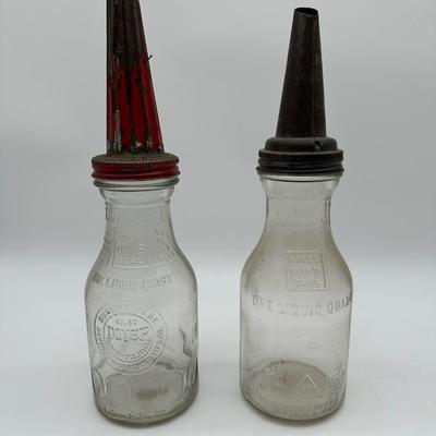 Pair of Antique Glass Oil Bottles w/ Original Pour Spouts