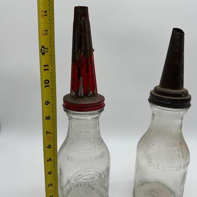 Pair of Antique Glass Oil Bottles w/ Original Pour Spouts