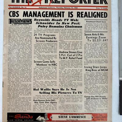Sale Photo Thumbnail #249: In good vintage condition.
The image displays a collection of vintage entertainment industry memorabilia, including: 
A copy of The Hollywood Reporter newspaper from February 10, 1966, with headlines like "CBS MANAGEMENT IS REALIGNED" and "Paramount Stock