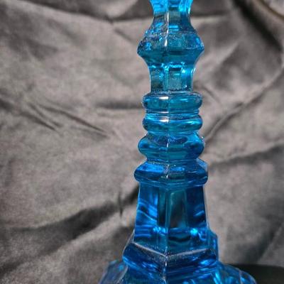 Pair of Fostoria “Henry Ford Museum” Copper Blue Argus Candlesticks – Mid-Century Glass Art Pair