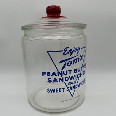 Vintage Tom’s Peanut Butter Sandwiches Glass Display Jar w/ Red Lid