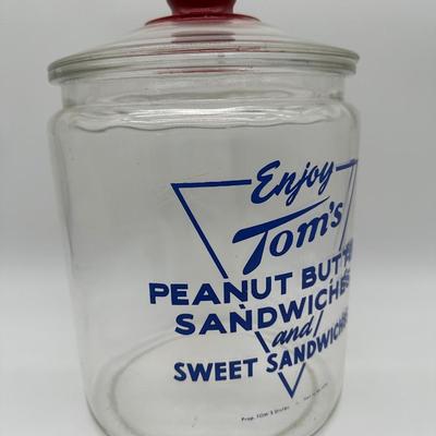 Vintage Tom’s Peanut Butter Sandwiches Glass Display Jar w/ Red Lid