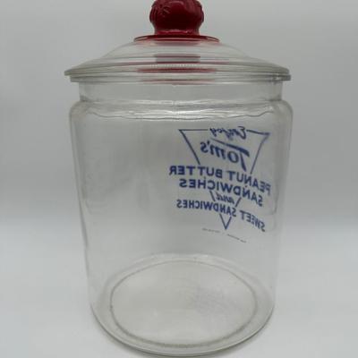 Vintage Tom’s Peanut Butter Sandwiches Glass Display Jar w/ Red Lid