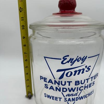 Vintage Tom’s Peanut Butter Sandwiches Glass Display Jar w/ Red Lid