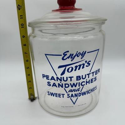 Vintage Tom’s Peanut Butter Sandwiches Glass Display Jar w/ Red Lid