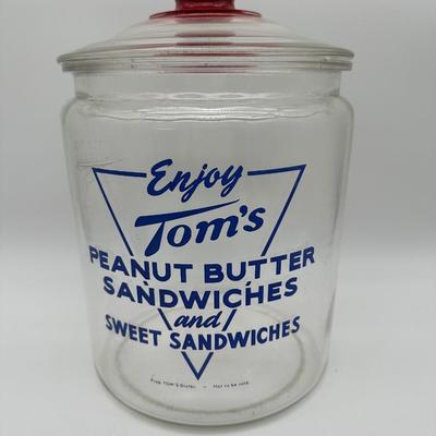 Vintage Tom’s Peanut Butter Sandwiches Glass Display Jar w/ Red Lid